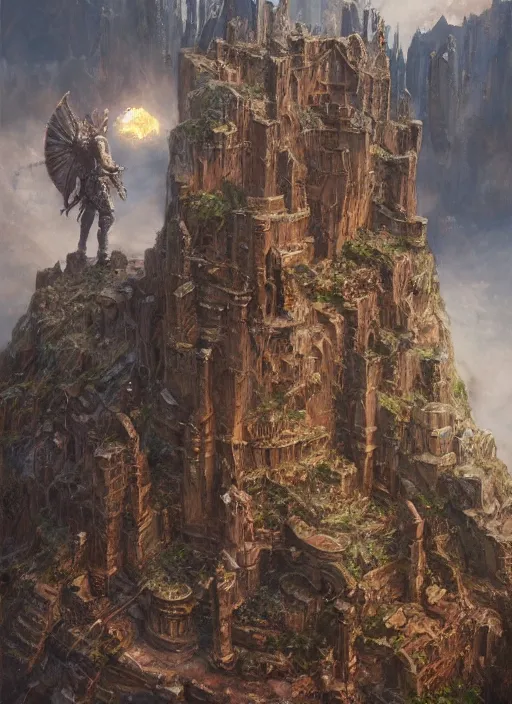 Prompt: The Eldritch Knight standing atop the ruins of a kingdom, full body fantasy art by Donato Giancola, Craig Mullins, digital art, trending on artstation