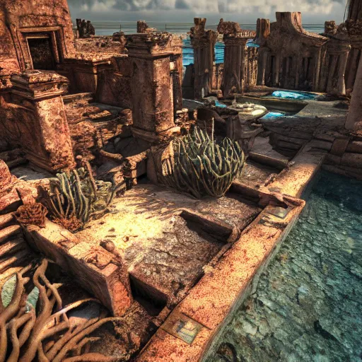 Image similar to 8 k hd detailed octane render of ruins of a sunken city under the sea