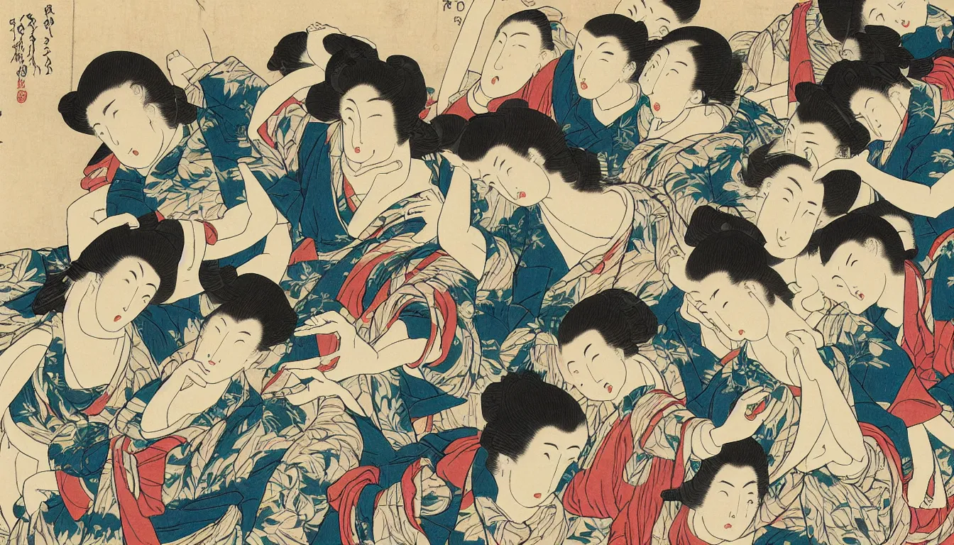 Image similar to dance party, close up, by hokusai