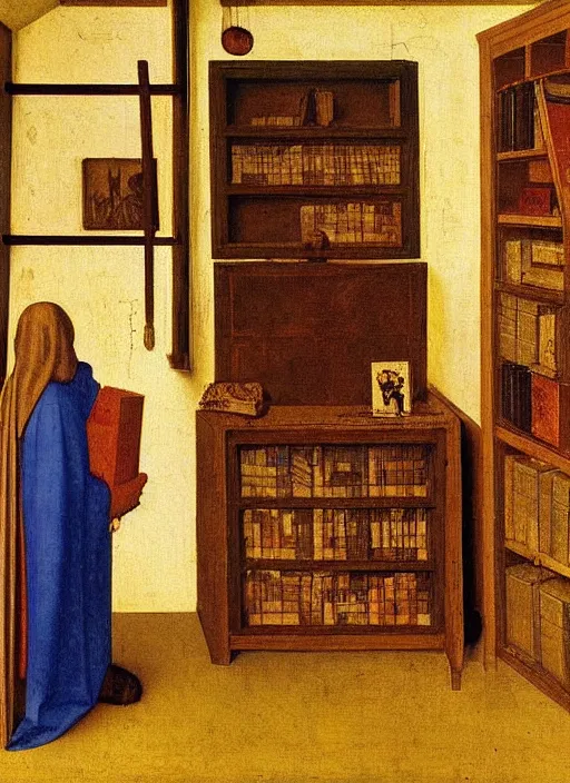 Image similar to bookshelf with books and children toys, medieval painting by jan van eyck, johannes vermeer, florence