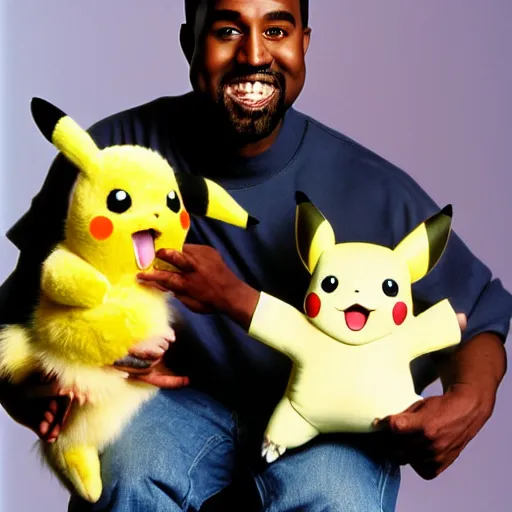 Image similar to kanye west smiling holding pikachu for a 1 9 9 0 s sitcom tv show, studio photograph, portrait c 1 2. 0