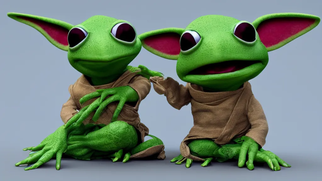 Prompt: Mandalorian and Kermit the frog dressed as baby Yoda, hyper realism, high detail, vivid colors, octane render, unreal engine