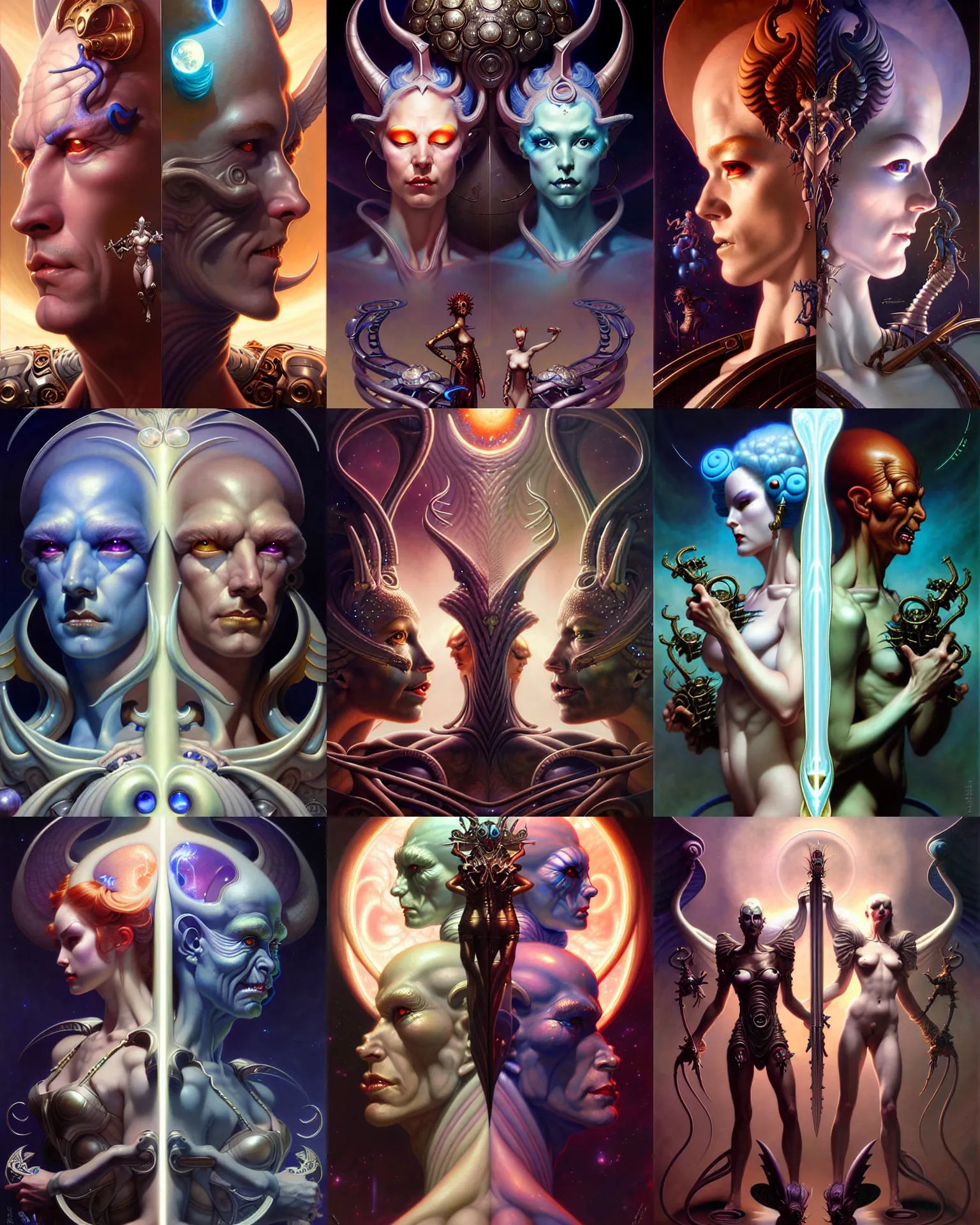 Image similar to beautiful gemini good and evil fantasy character portrait, ultra realistic, wide angle, intricate details, the fifth element artifacts, highly detailed by peter mohrbacher, hajime sorayama, wayne barlowe, boris vallejo, aaron horkey, gaston bussiere, craig mullins