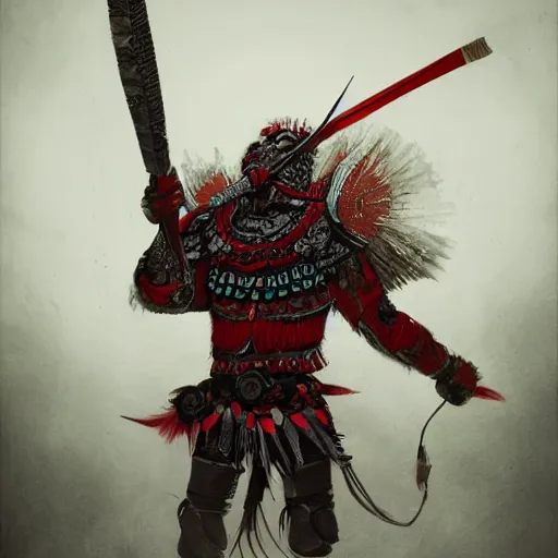 Image similar to mexican indigenous warrior in a ornated armor preparing for war, full body, dynamic pose, red and obsidian neon, concept art, intricate details, highly professionally detailed, cgsociety, highly detailed -