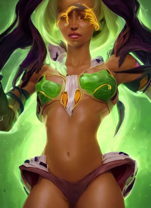 Prompt: senna from league of legends, au naturel, hyper detailed, brown skin, with abs, glowing green neon eyes, wearing white robe, digital art, trending in artstation, cinematic lighting, studio quality, smooth render, unreal engine 5 rendered, octane rendered, art style by klimt and nixeu and ian sprigger and wlop and krenz cushart