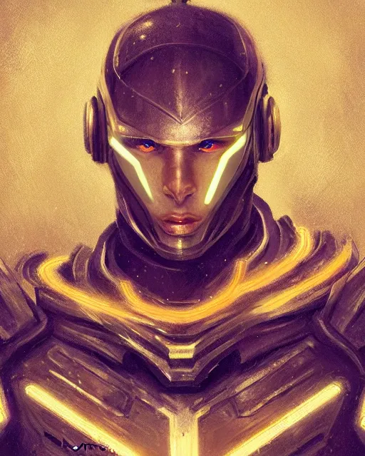 Image similar to portrait of handsome guy in cyber armor, dreamy and ethereal, expressive pose, gold eyes, exciting expression, fantasy, intricate, elegant, many lightning, cold color, highly detailed, digital painting, artstation, concept art, cyberpunk wearing, smooth, sharp focus, led, illustration.