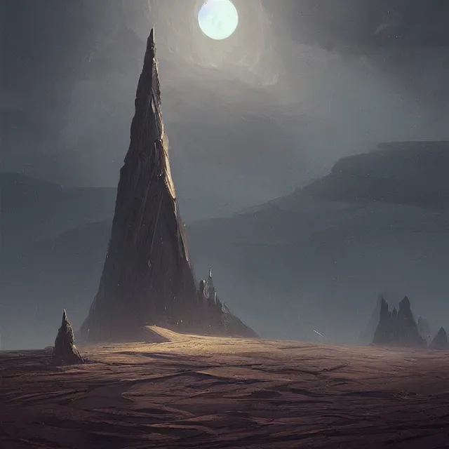 Image similar to a black spire rising up out of a desolate desert, by greg rutkowski, concept art, sci - fi concept art, cinematic lighting, highly detailed artwork, trending on artstation, movie concept art