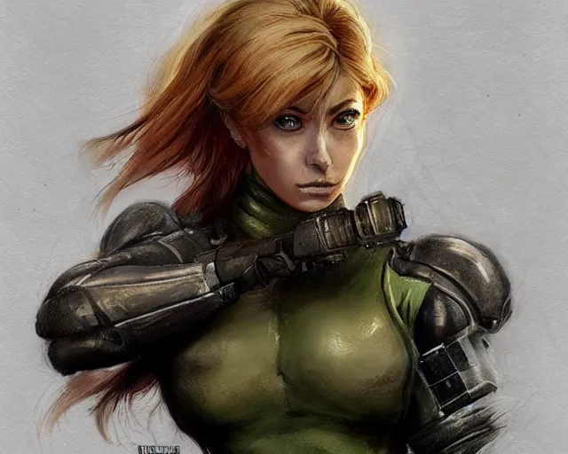 Image similar to portrait of samus aran as a very attractive female bodybuilder swat soldier, elegant, fantasy, hd shot, digital portrait, beautiful, artstation, comic style, by artgerm, guy denning, jakub rozalski, magali villeneuve and charlie bowater