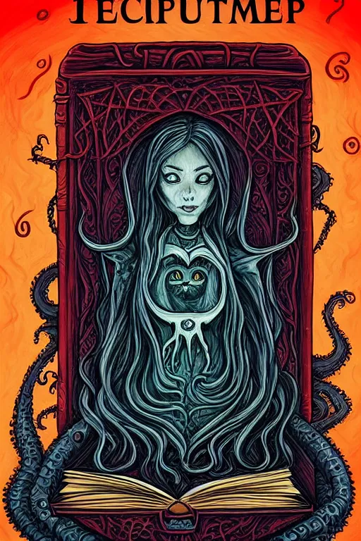 Prompt: trump illustration of romantic girl, her cat and her book of necronomicon, symmetrical, cinematic, sharp focus, 4 k, ultra hd, sense of awe, sinister demonic atmosphere, dreadful, forbidden knowledge, old gods, cthulhu, yog - sothoth! yah, yah, yah! cultist journal cover