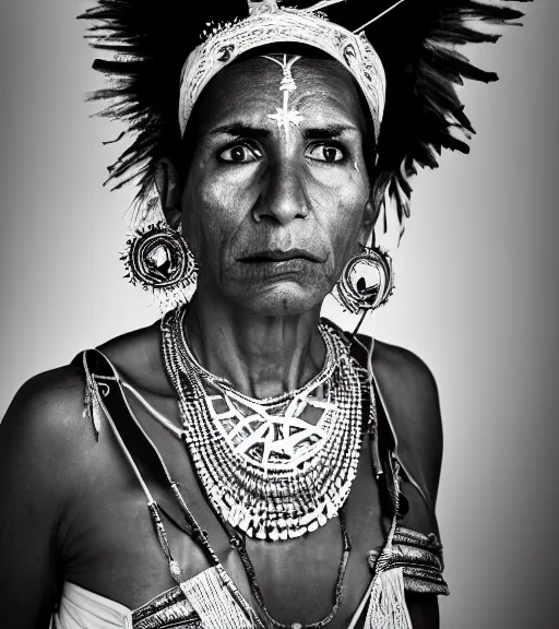 Prompt: portrait of a brazilian candomble priestess, 3 0 yo with a white tunic and jewelery, angry look, dark background, studio light, hdr, nikon 2 4 mm f / 1. 8 g, by sebastiao salgado