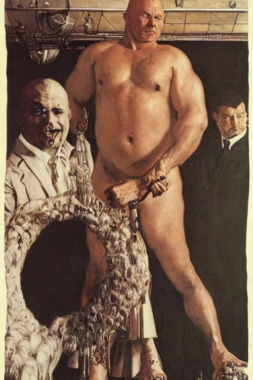 Image similar to full length portrait of morgan aste as a hugel gangster wearing a white suit beside a smaller man by lawrence alma tadema and zdzislaw beksinski and norman rockwell and jack kirby and tom lovell and greg staples