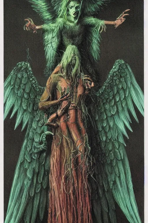 Image similar to creepy tarot card of a female green winged angel with talon feet by wayne barlowe