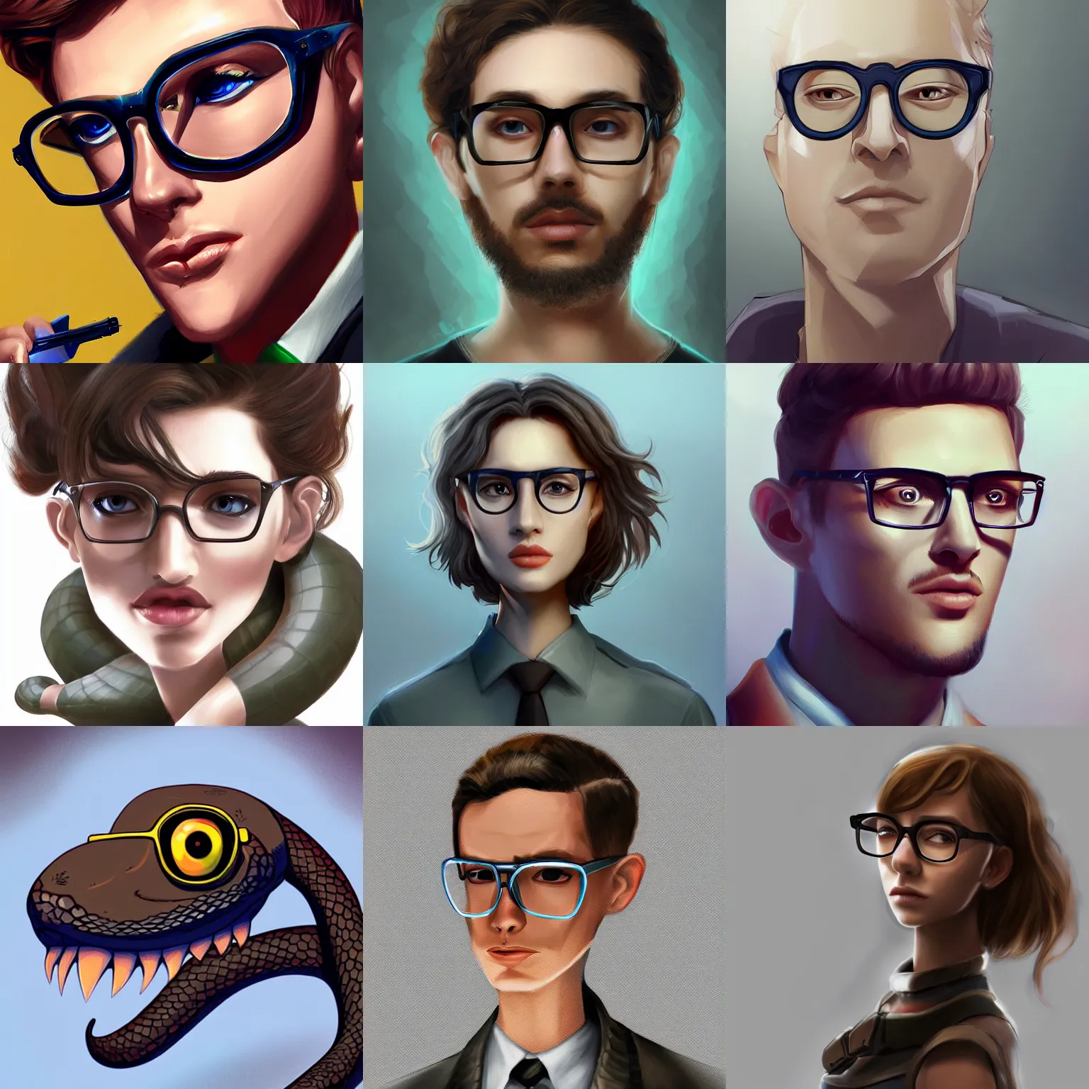 Prompt: a smart snake wearing glasses, high quality, artstation, digital painting