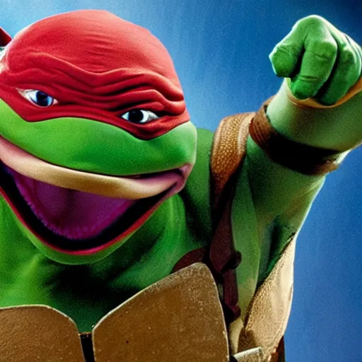 Prompt: mutant ninja turtle brushes their teeth