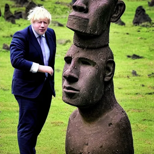 Image similar to Boris Johnson stealing a moai from Easter island