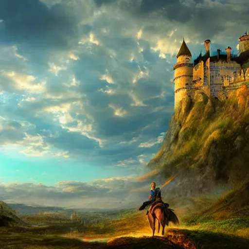 Image similar to a beautiful landscape with a castle, setting sun and a knight on horseback riding towards the viewer via a narrow winding path, epic sky, very realistic and colorful, realism, many details