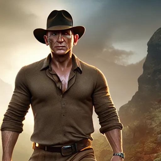 Image similar to daniel craig as indiana jones, octane render, unreal engine, jungle background,