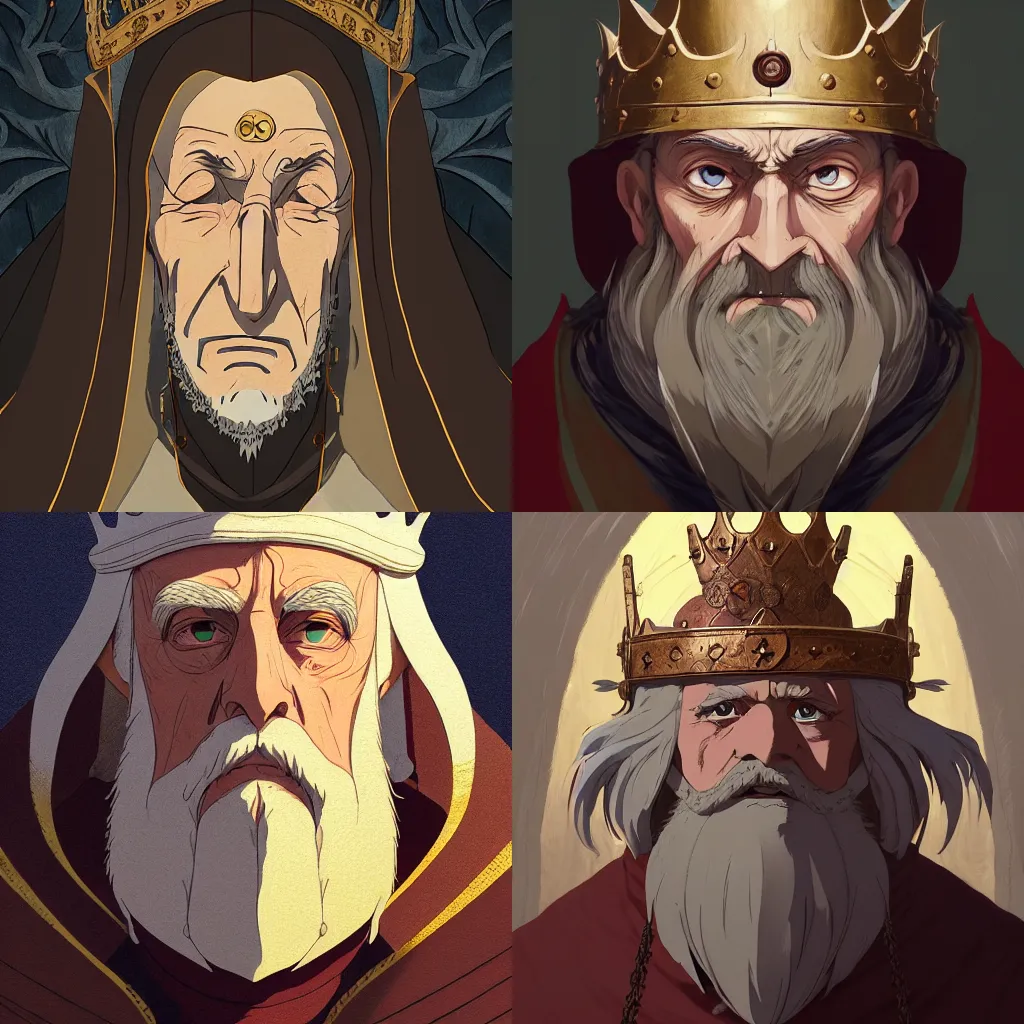 Prompt: portrait of a medieval old king, artstation, cartoon, elegant, highly detailed, digital painting, concept art, smooth, sharp focus, illustration, art by studio ghibli, makoto shinkai, don bluth, fujita goro, jean giraud, atey ghailan, akihiko yoshida, tom whalen, anton fadeev 8 k