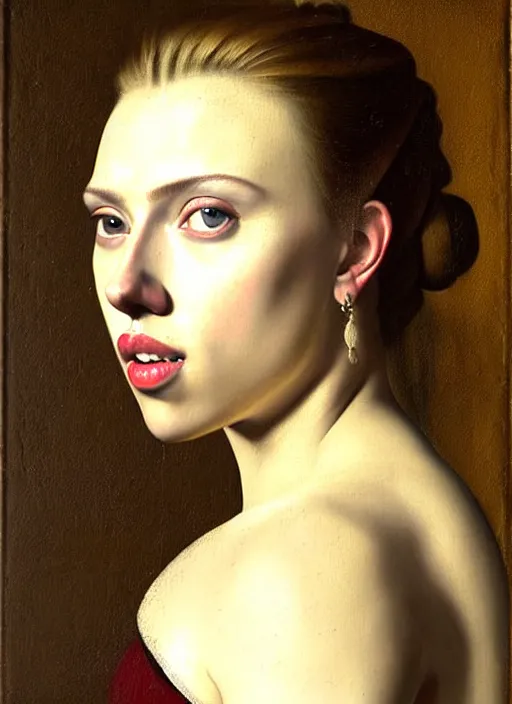 Image similar to portrait of scarlett johansson, oil painting by johannes vermeer, 1 7 th century, art, oil on canvas, wet - on - wet technique, realistic, expressive emotions, intricate textures, illusionistic detail