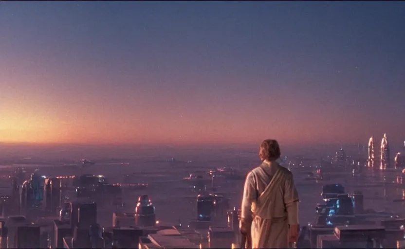 Image similar to iconic wide cinematic screen shot of luke skywalker downtrodden standing with a view of coruscant at sunset, from the thrilling scene from the 1 9 9 0 s sci fi film directed by stanley kubrick, moody cinematography, foggy volumetric lighting, hyper detailed scene, anamorphic lenses 2 4 mm, lens flare, award winning