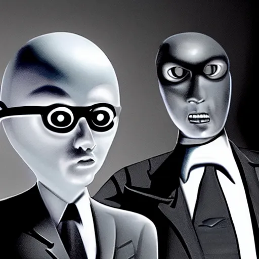 Prompt: A picture of a MIB meeting an extraterrestrial alien based on 50's stereotypes, hyperdetailed award winning surrealism
