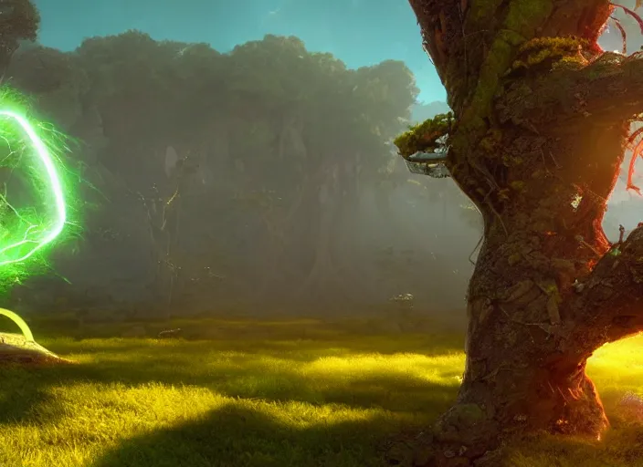 Image similar to portal tree on a luminescent crystal biome that looks like a movie shot by pixar, ultra detailed, fantasy, hyper realism, art, smooth, beautiful art, masterpiece, landscape, cinematic, wet reflections, ray tracing x, rtx, smooth