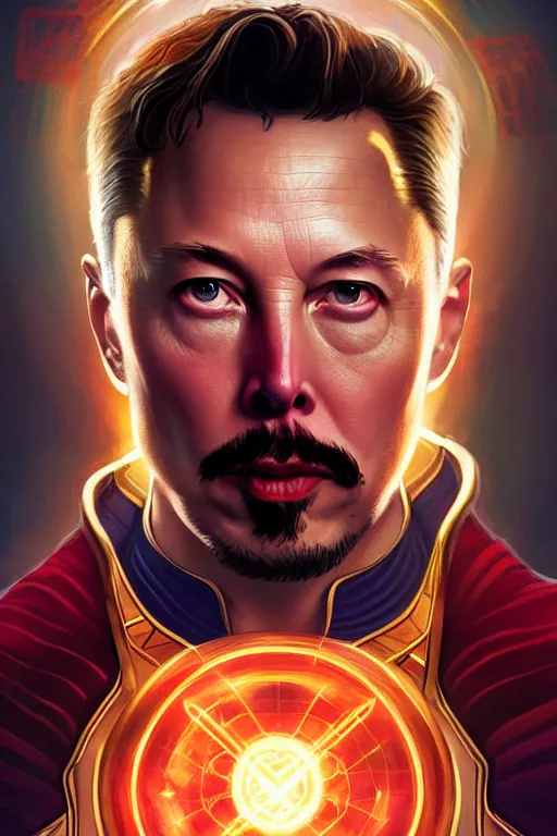 Image similar to elon musk as dr strange, realistic portrait, symmetrical, highly detailed, digital painting, artstation, concept art, smooth, sharp focus, illustration, cinematic lighting, art by artgerm and greg rutkowski and alphonse mucha