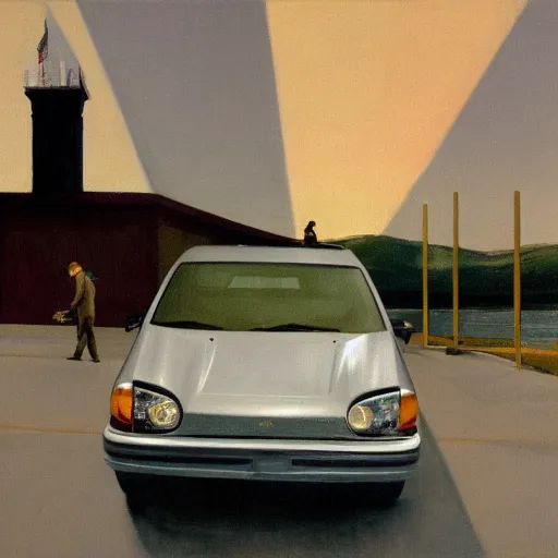 Prompt: larry david climbing on roof of 2009 prius, edward hopper painting, high detail
