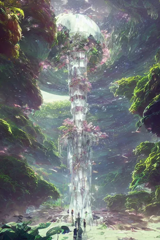 Image similar to portrait of cascading multi level botanical garden spaceship, illustration, concept art, anime, key visual, trending, pixiv, fanbox, by wlop, greg rutkowski, makoto shinkai, studio ghibli, kyoto animation, toon shading, cel shading, vaporwave,