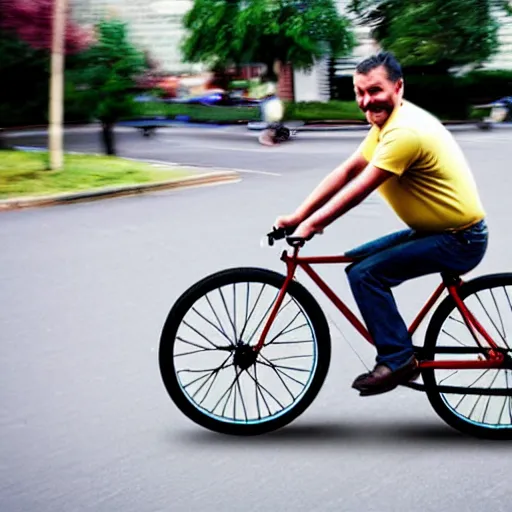 Image similar to Man riding a comically tiny bicycle