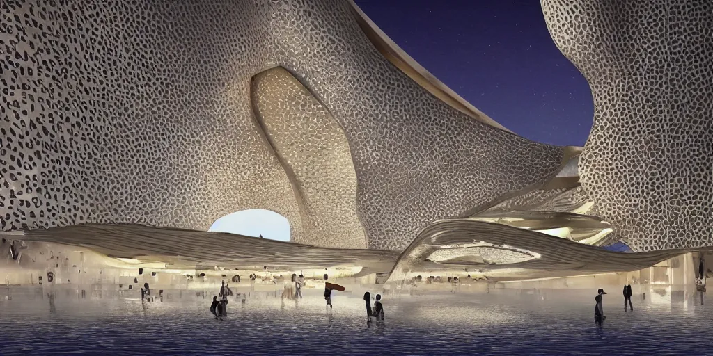 Prompt: mosque floating spaceship by zaha hadid, golds fantasy world