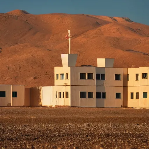 Prompt: Photograph of a tall soviet communist european residential block standing lonely in a desert, after dawn