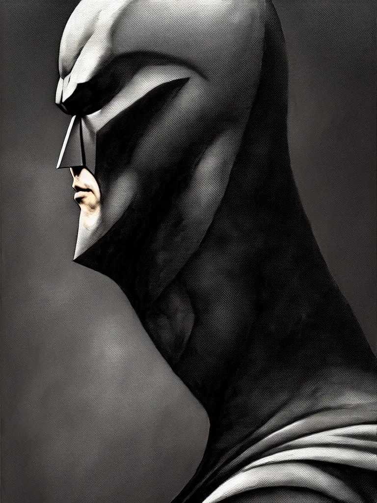 Prompt: portrait of batman only head and chest, intricate, desaturated, Hieronymus Bosch, oil on canvas, gouache painting, masterpiece, trending on artstation, cinematic composition, dramatic pose, sharp, details, hyper-detailed, HD, 4K, 8K