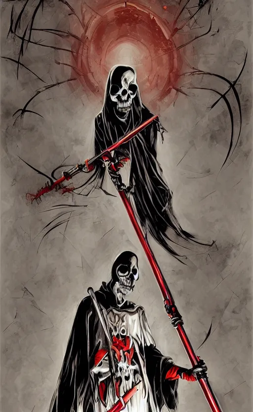 Prompt: the grim reaper has a new scary scythe, masterpiece digital painting by James Jean, John Romita Junior, John Romita Senior, 4k wallpaper, Silent Hill concept art