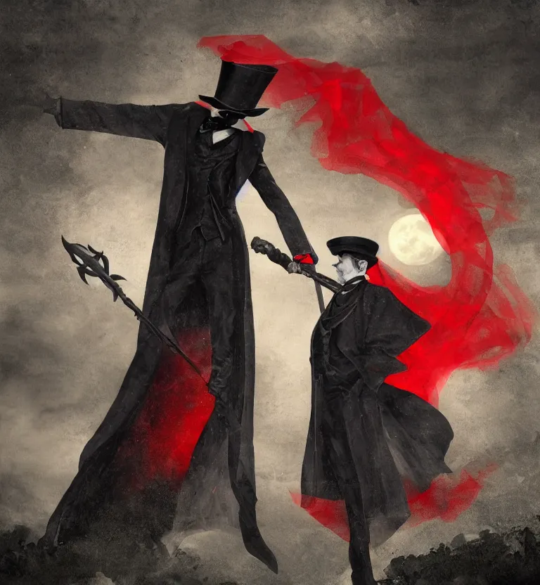 Image similar to a mysterious man in a cemetery on a full moon night wearing a top hat that hides!! his face and a beautiful black and red cape while holding a poseidon trident, digital art. digital painting, moonlight, detailed.