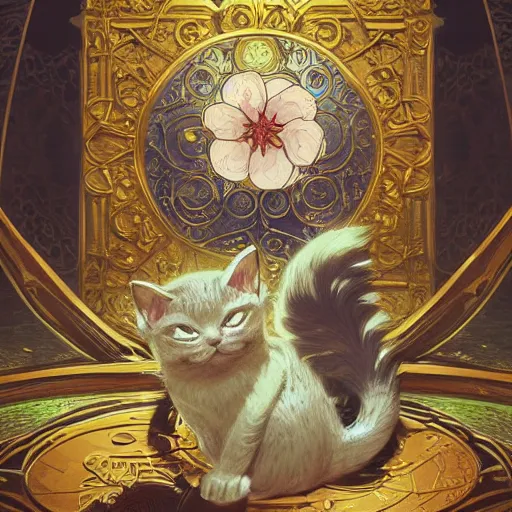 Image similar to A cute maneki neko, flowers around, D&D, fantasy, intricate, cinematic lighting, highly detailed, digital painting, artstation, concept art, smooth, sharp focus, illustration, art by Akihiko Yoshida, Greg Rutkowski and Alphonse Mucha