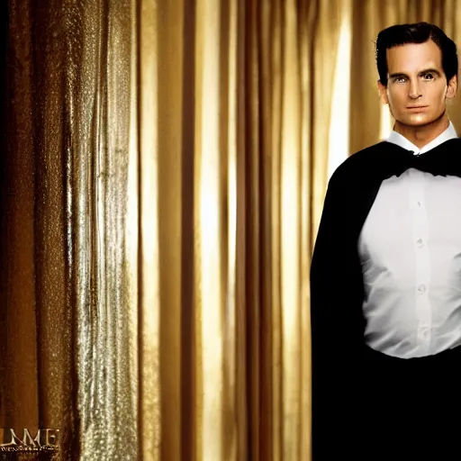 Image similar to patrick bateman wearing black robe and golden necklace cinematic photoshoot high quality highly affordable photo realistic 8 k hd