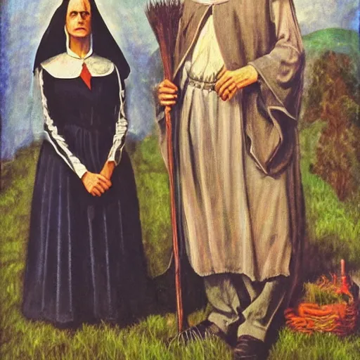 Prompt: a witch and a wizard in the style of american gothic