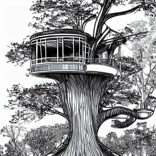 Image similar to futuristic tree house in a city detailed drawing