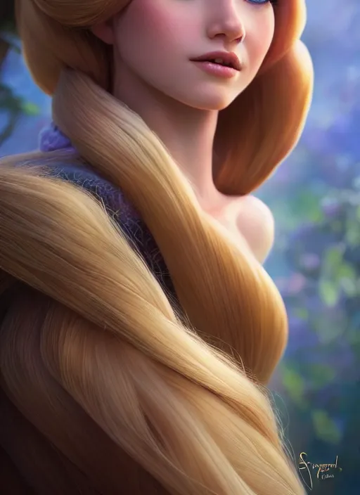 Image similar to photo of a gorgeous young woman rapunzel in the style of stefan kostic, realistic, sharp focus, 8 k high definition, insanely detailed, intricate, elegant, art by stanley lau and artgerm