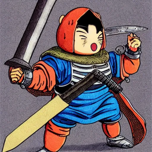 Image similar to original Akira Toriyama character design, medieval knight beaver, holding an enormous sword, sketch, Akira Toriyama style