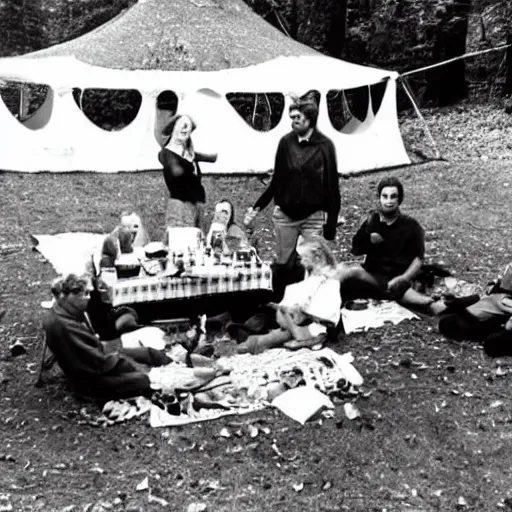 Prompt: ted bundy having a picnic at bohemian grove