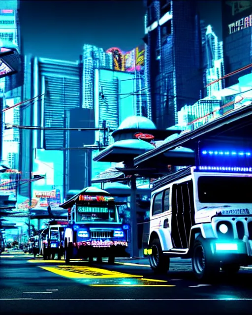 Image similar to philippine jeepney flying through cyberpunk manila city, cgi render, concept art, unreal engine