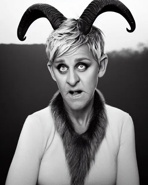 Prompt: headshot of an angry ellen degeneres as a goat person, she looks like a demonic mythological satyr, her eyes look like goat eyes with black horizontal pupils, she has long goat like ears, and goat horns on her head, her skin is covered in goat fur, 8 k, photo shoot, 9 inch kershaw soft focus lens f / 5. 6 bokeh