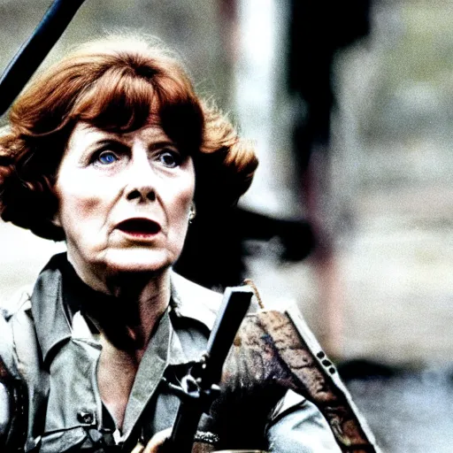 Image similar to A movie still of Margaret Thatcher as Rambo in Rambo First Blood (1982)