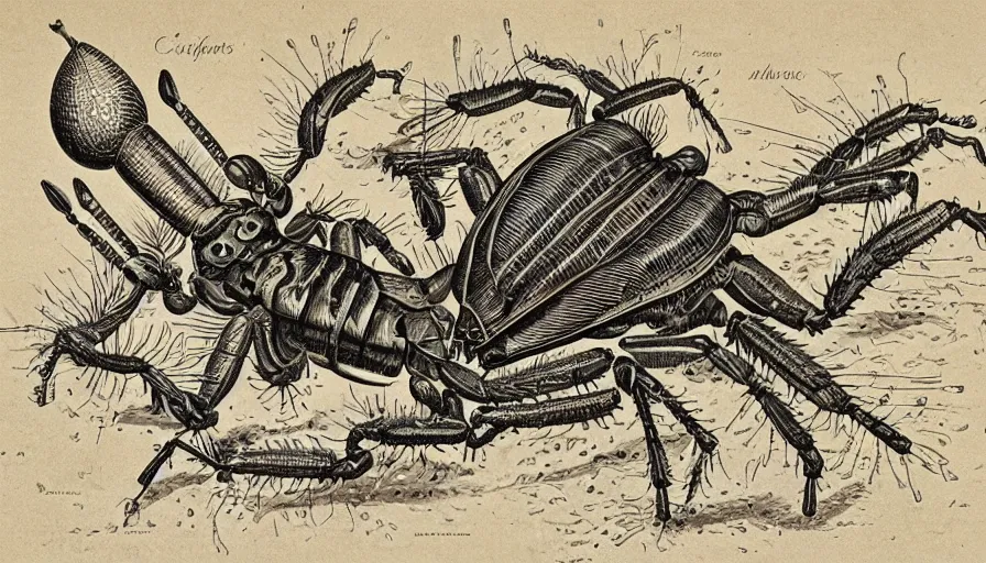 Prompt: intricate vintage scientific illustration of mechanical bugs,