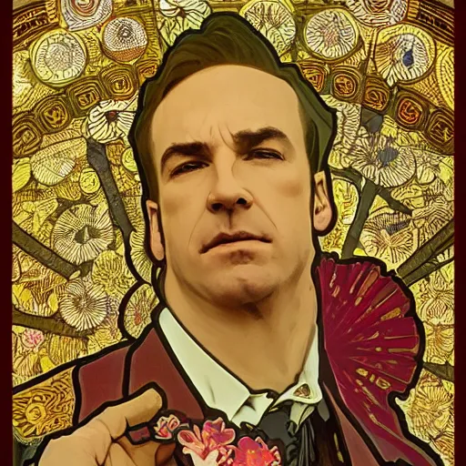 Prompt: saul goodman portrait picture by alphonse mucha, golden hour, realistic, body shot, sharp focus, 8 k high definition, insanely detailed, intricate, elegant, cherry blossoms