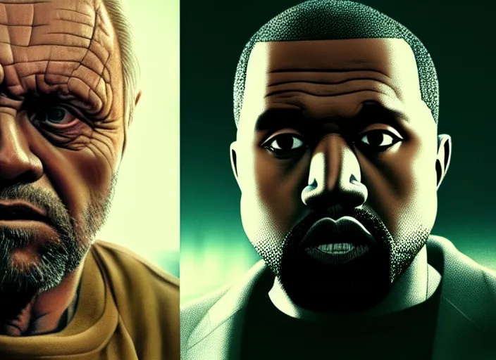 Image similar to a film still portrait of anthony hopkins as kanye west, finely detailed features, closeup of face, cinematic lighting, perfect art, night cyberpunk city, intricate, anime, gapmoe grimdark, artstation, trending on pixiv fanbox, painted by greg rutkowski makoto shinkai takashi takeuchi studio ghibli, akihiko yoshida, 4 k