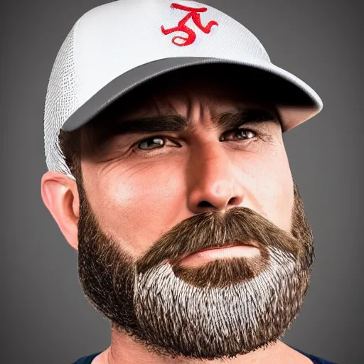 Image similar to a middle age bearded social media dork with generic baseball hat and a fake guru vibe, short groomed beard, douchey expression, generic trucker hat