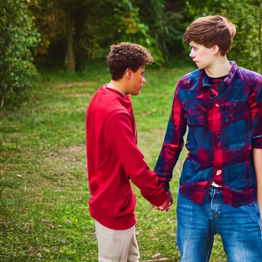 Image similar to Photograph of two male teenagers in love, holding hand, sigma 85mm